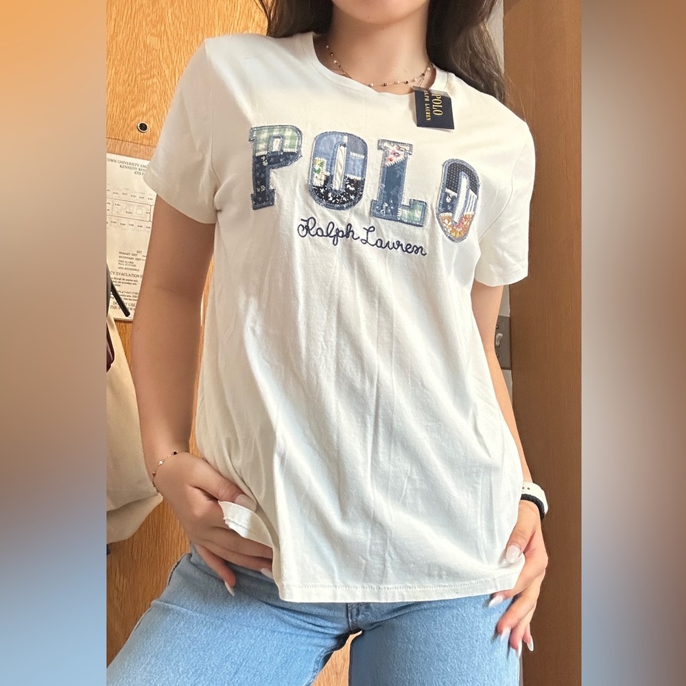 Women’s Polo Ralph Lauren White Short Sleeve Tee with Embroidered Denim Logo